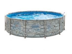 Swing Stone 4,88 m Durchmesser 122 cm tiefer Pool Lagune mit blauer Auskleidung, Skimmer Training