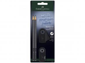 Faber-Castell: GRIP Sparkle 4er Set schwarzer Graphitstifte mit Radiergummi und Anspitzer