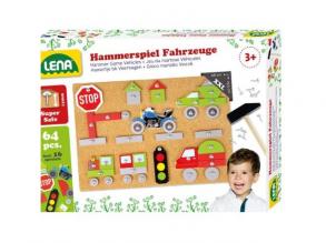 LENA: Kork-Brettspielset mit Hammer 64Stück - Fahrzeuge und Transport