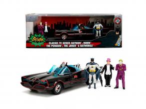 Batman: 1966 Classic Batmobil Metall Premium-Automodell mit 4 Actionfiguren im Maßstab 1/24