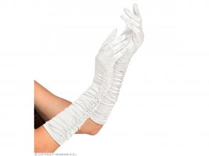 Paar "GERAFFTE WEISSE SATIN HANDSCHUHE IN ELASTHAN" 44 cm