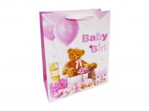 Geschenktüten - medium Baby Girl, Teddybär mit rosa Luftballon