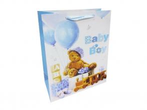 Geschenktüten - medium Baby Boy, Teddybär mit blauem Luftballon