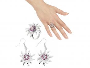 OHRRINGE UND RING EDELWEISS MIT KLAREN UND ROSA STRASS