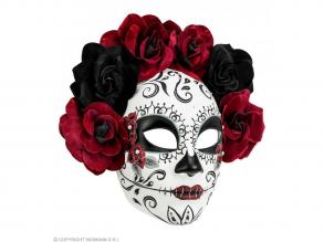 "DIA DE LOS MUERTOS MASKE MIT SCHWARZEN UND DUNKELROTEN ROSEN"