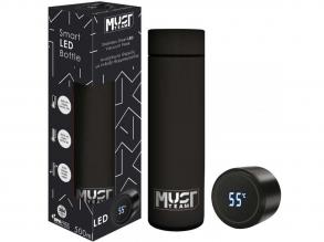 Must: Smart Thermos Stahlflasche mit LED Temperaturanzeige, gummiert in schwarz 500ml