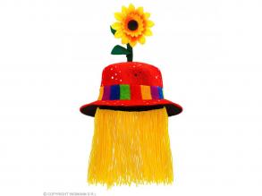 ROTER CLOWNHUT MIT HAAREN UND SONNENBLUME aus Pannesamt