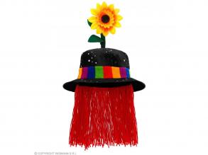 SCHWARZER CLOWNHUT MIT HAAREN UND SONNENBLUME aus Pannesamt